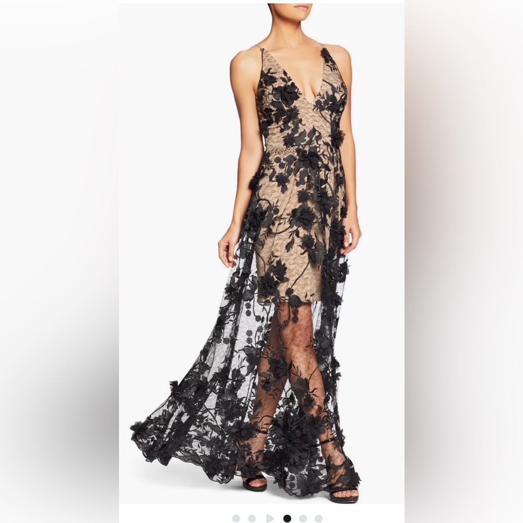 Dress The Population Sidney Deep V-Neck 3d Lace Gown Size Xs